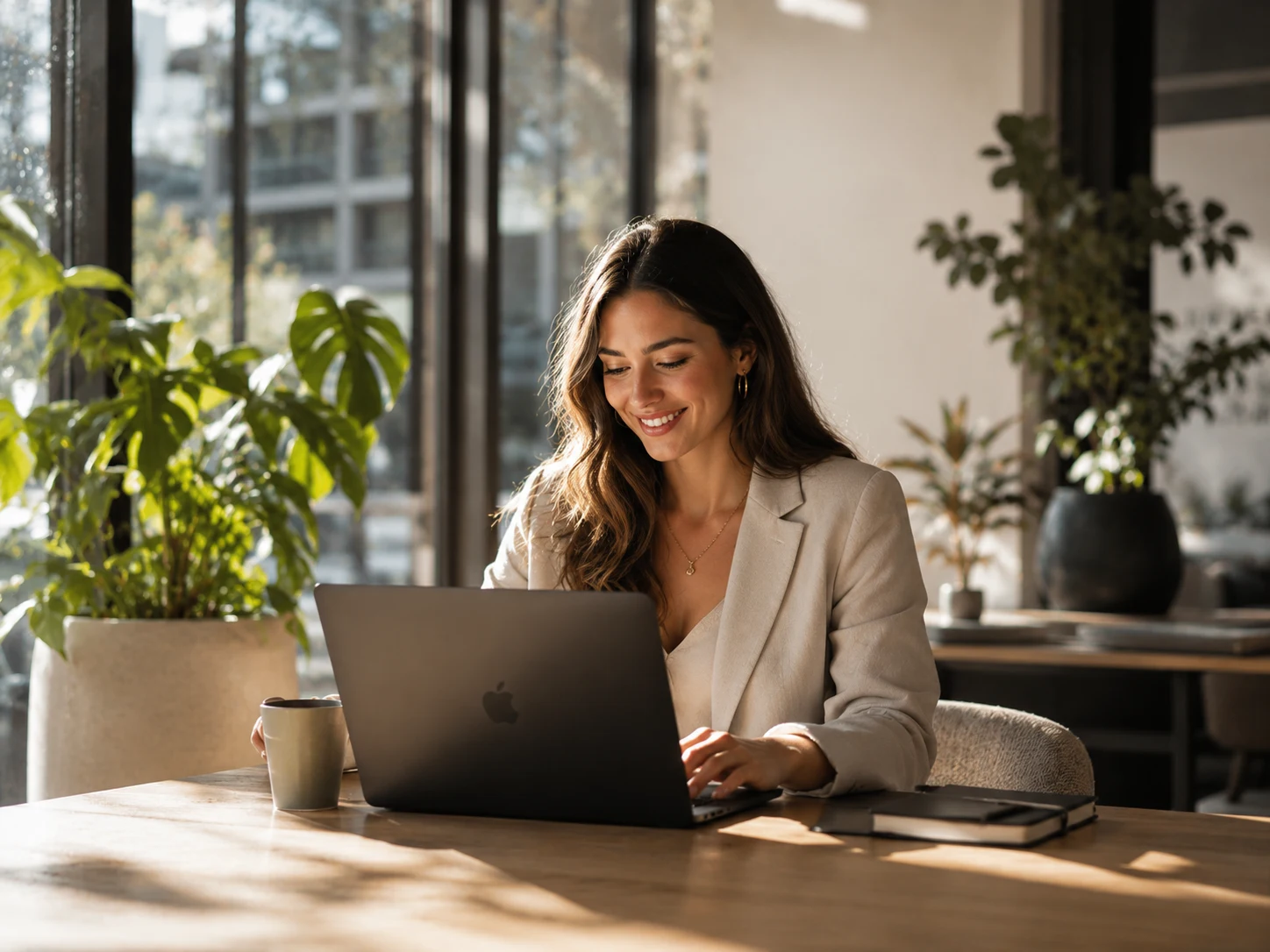 A team member working remotely on a laptop at a bright, plant-filled desk