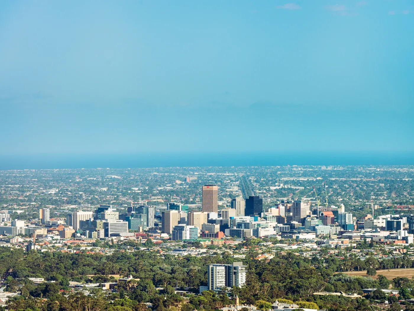 Aerial view of the Adelaide city skyline with the coast beyond