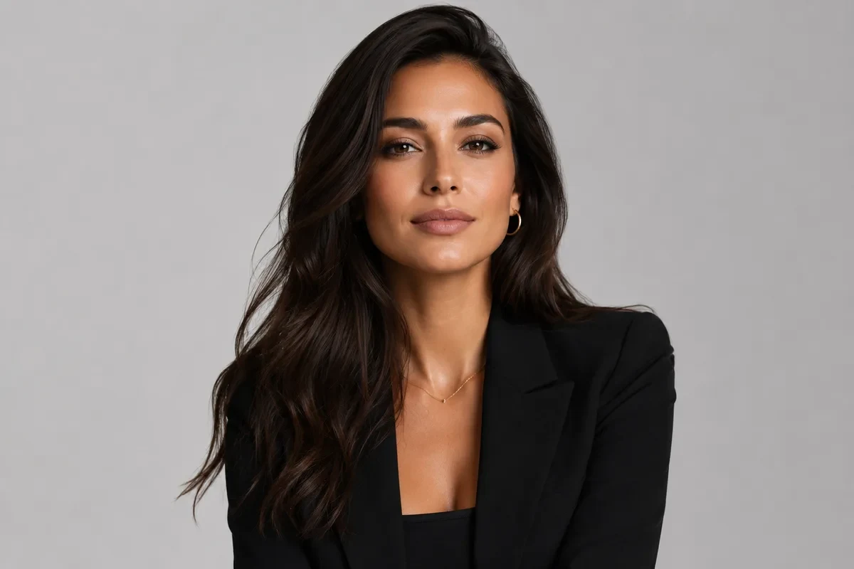 Professional woman with long dark hair in a black blazer against a soft grey studio background