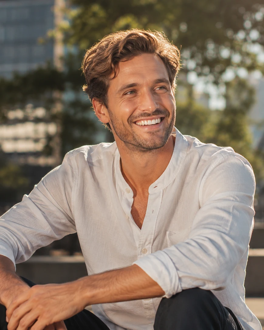Australian content creator smiling outdoors with a blurred city skyline behind him