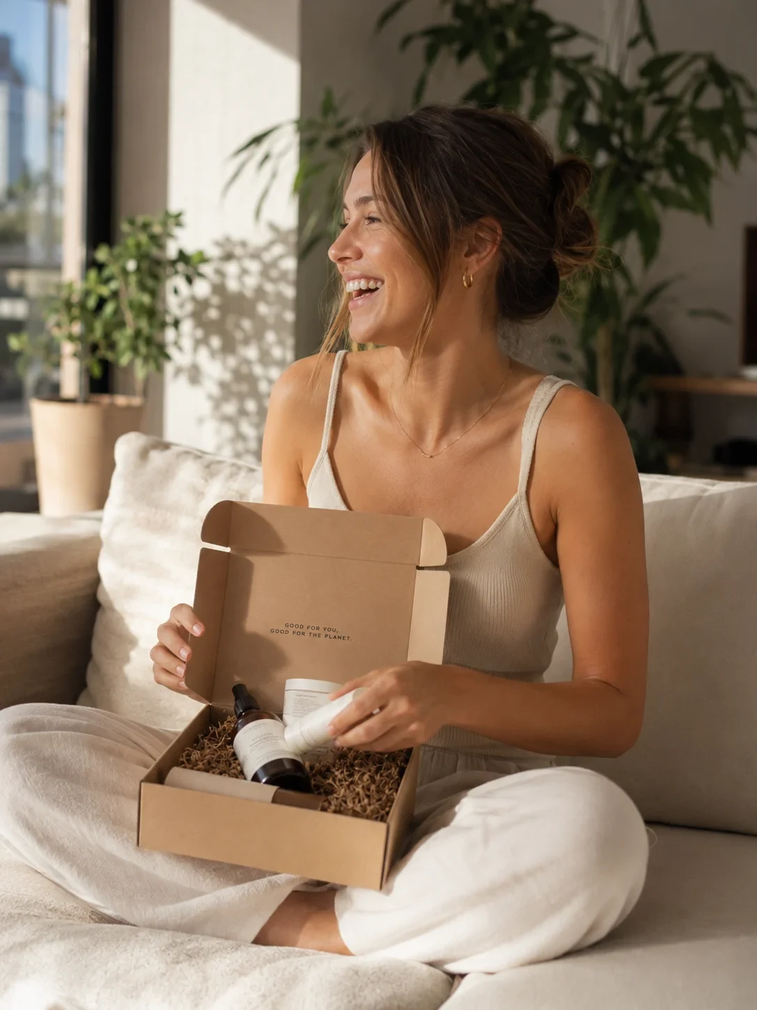 Creator opening a product subscription box on her couch